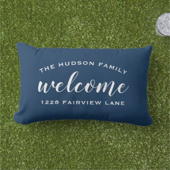 Welcome Navy Blue Personalized Family Name Address Lumbar Pillow by Plush_Paper at Zazzle