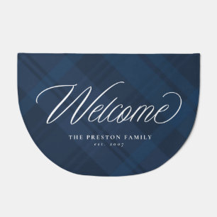 Welcome navy blue plaid simple elegant fall decor doormat