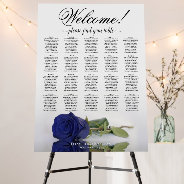 Welcome! Navy Blue Rose 20 Table Seating Chart Foam Board (In Situ (Stand))