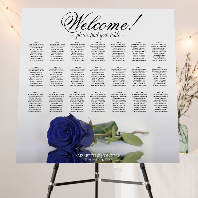 Welcome! Navy Blue Rose 21 Table Seating Chart Foam Board (In Situ (Stand))