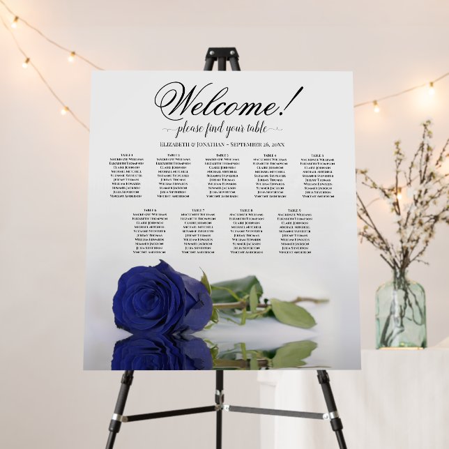 Welcome! Navy Blue Rose 9 Table Seating Chart Foam Board (In Situ (Stand))
