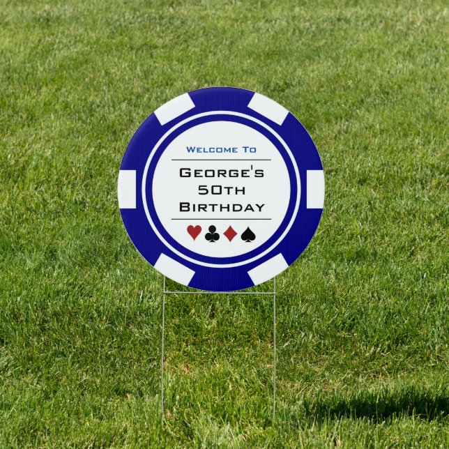 Welcome Navy Blue White Poker Chip Birthday Party Sign (Insitu)