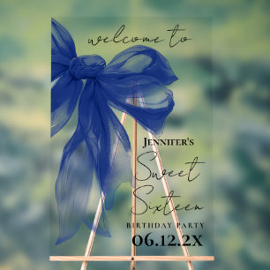 Welcome Navy Bow Coquette Script Sweet 16 Acrylic Sign