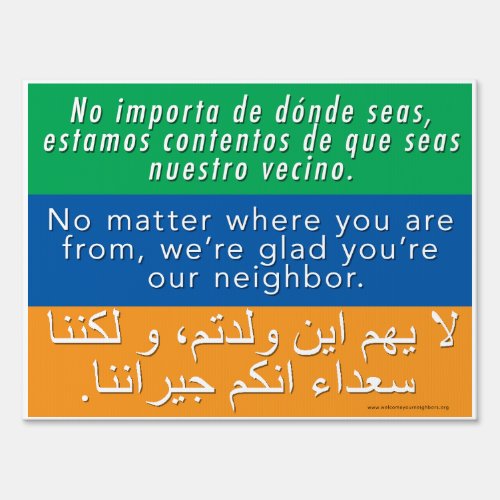Welcome Neighbors Sign _ Spanish English Arabic