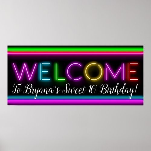 Welcome Neon Glow Glowing Birthday Party Banner Poster
