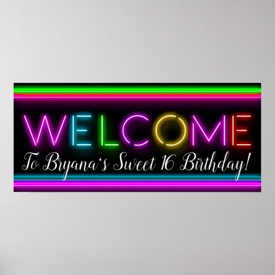 Welcome Neon Glow Glowing Birthday Party Banner Poster ...