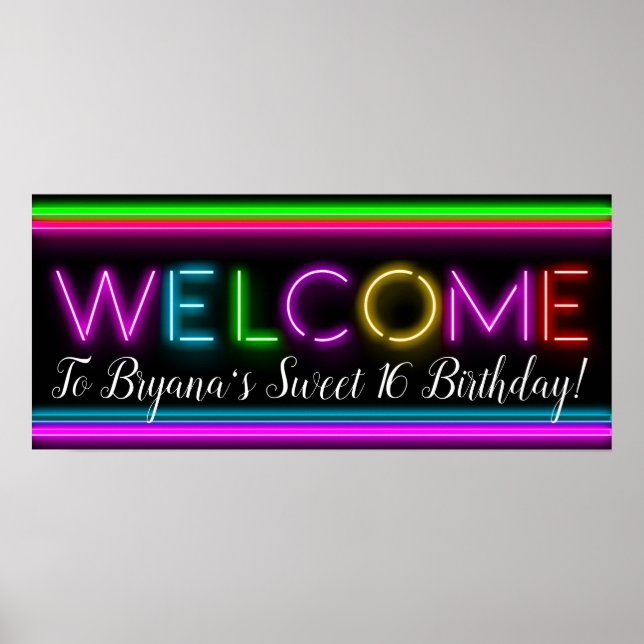Welcome Neon Glow Glowing Birthday Party Banner Poster (Front)