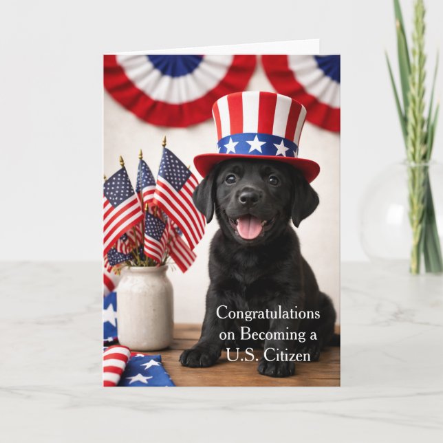 Welcome New American Citizen Patriotic Lab Puppy Card (Front)