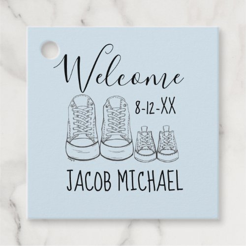 WELCOME New Arrival Baby Shoes Shower Blue Favor Tags
