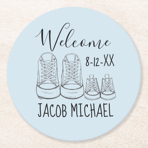 WELCOME New Arrival Baby Shoes Shower Blue Round Paper Coaster