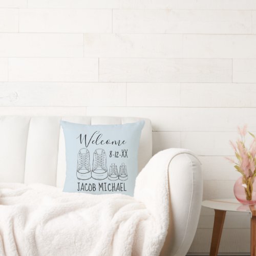 WELCOME New Arrival Baby Shoes Shower Blue Throw Pillow