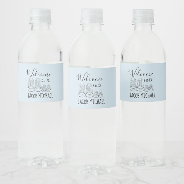 WELCOME New Arrival Baby Shoes Shower Blue Water Bottle Label (Bottles)