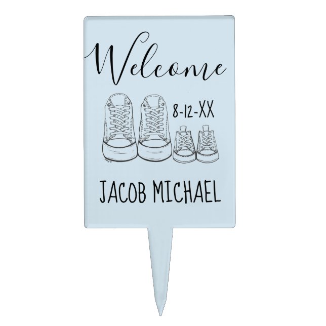 WELCOME New Arrival Baby Shoes Shower Boy Blue Cake Topper (Front)