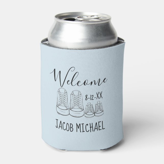 WELCOME New Arrival Baby Shoes Shower Boy Blue Can Cooler (Can Front)