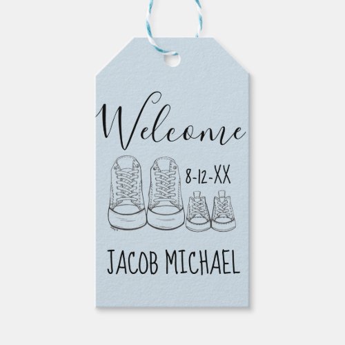 WELCOME New Arrival Baby Shoes Shower Boy Blue Gift Tags