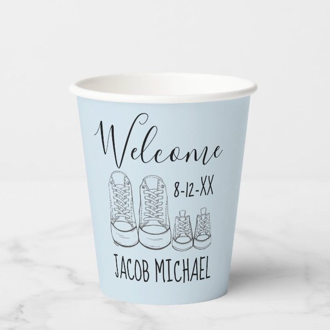 WELCOME New Arrival Baby Shoes Shower Boy Blue Paper Cups (Front)