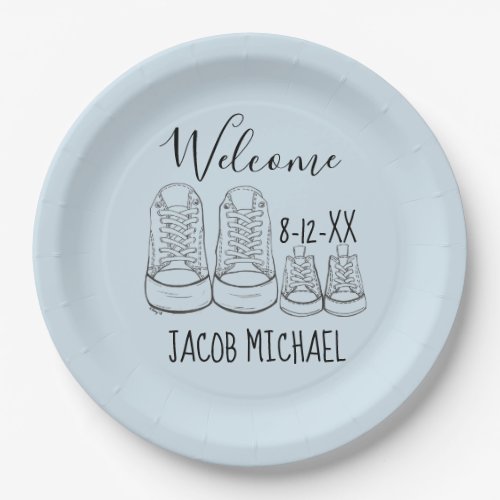 WELCOME New Arrival Baby Shoes Shower Boy Blue Paper Plates