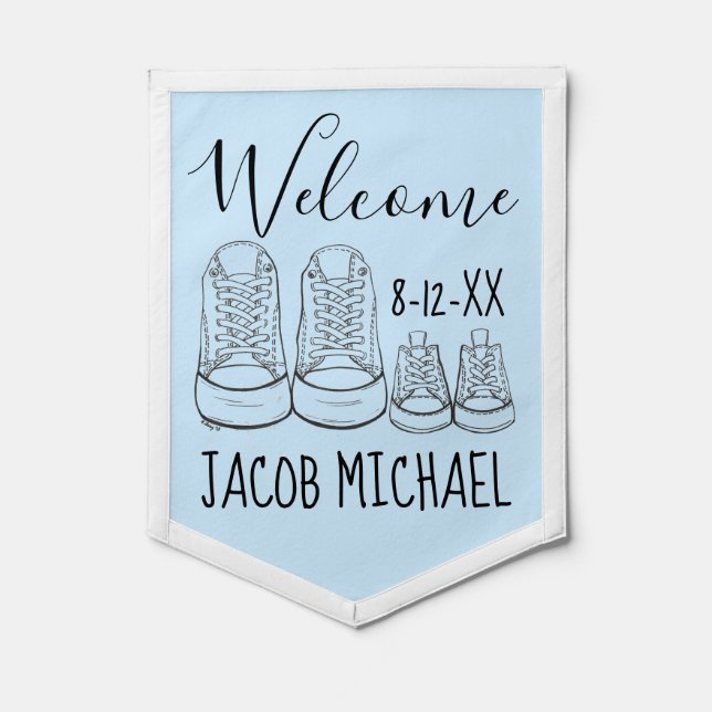 WELCOME New Arrival Baby Shoes Shower Boy Blue Pennant (Front)