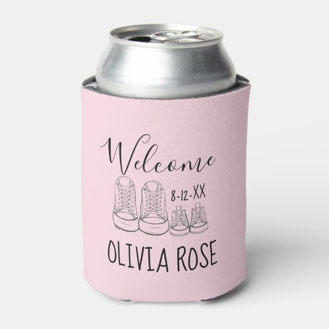 WELCOME New Arrival Baby Shoes Shower Pink Girl Can Cooler (Can Front)