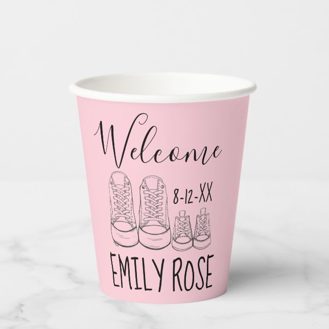WELCOME New Arrival Baby Shoes Shower Pink Girl Paper Cups (Front)