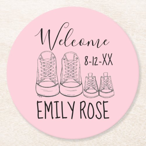 WELCOME New Arrival Baby Shoes Shower Pink Round Paper Coaster