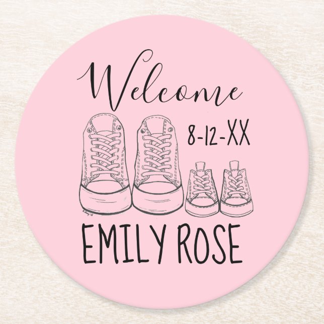 WELCOME New Arrival Baby Shoes Shower Pink Round Paper Coaster (Front)