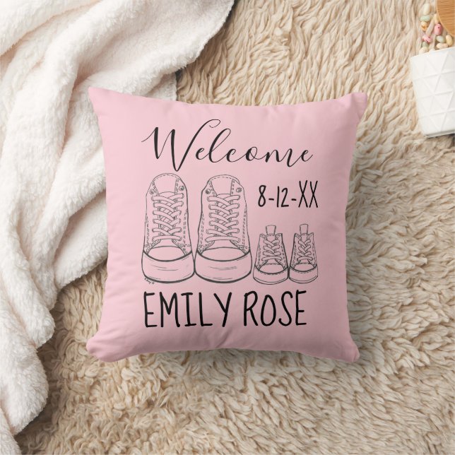 WELCOME New Arrival Baby Shoes Shower Pink Throw Pillow (Blanket)