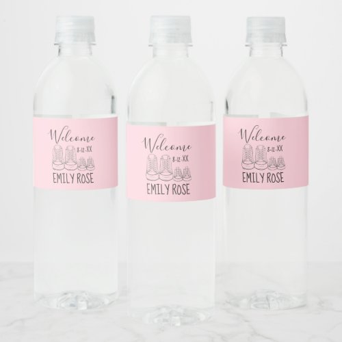 WELCOME New Arrival Baby Shoes Shower Pink Water Bottle Label
