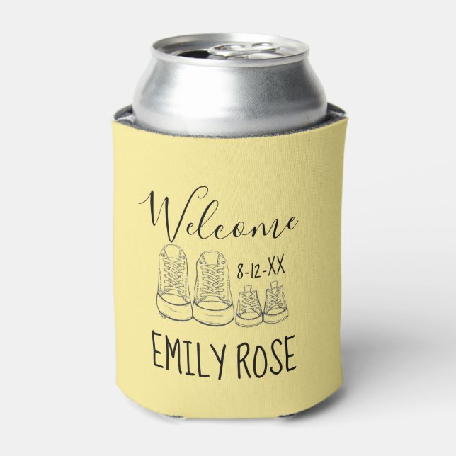 WELCOME New Arrival Baby Shoes Shower Yellow Can Cooler (Can Front)