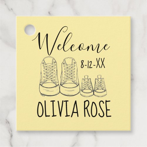 WELCOME New Arrival Baby Shoes Shower Yellow Favor Tags