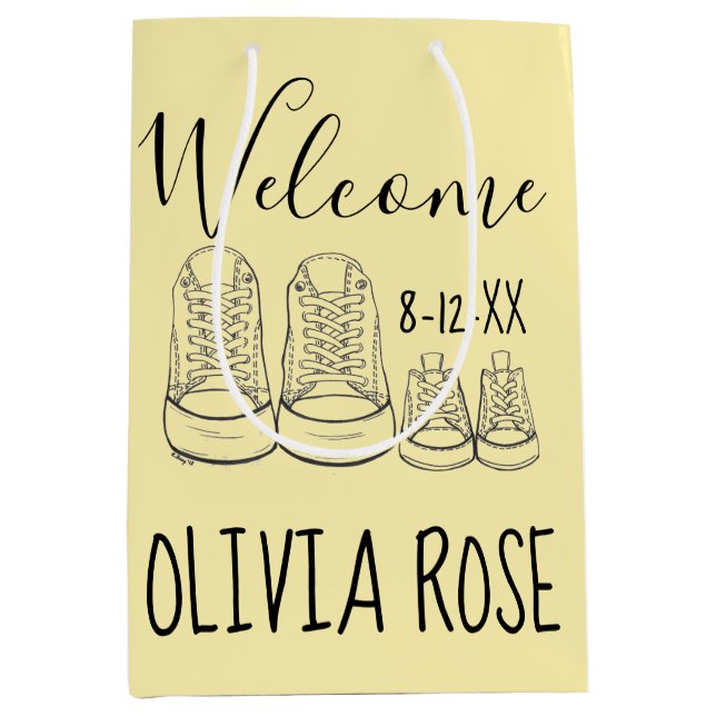 WELCOME New Arrival Baby Shoes Shower Yellow Medium Gift Bag (Front)