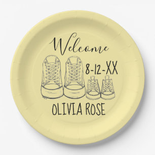 WELCOME New Arrival Baby Shoes Shower Yellow Paper Plates