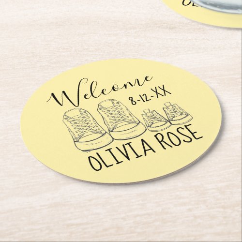 WELCOME New Arrival Baby Shoes Shower Yellow Round Paper Coaster