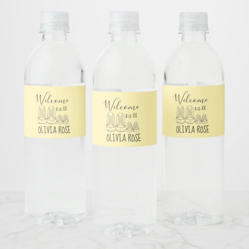 WELCOME New Arrival Baby Shoes Shower Yellow Water Bottle Label