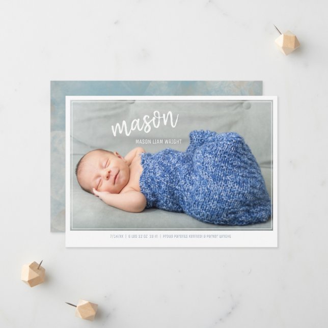Welcome New Baby Boy Birth Announcement (Front/Back In Situ)