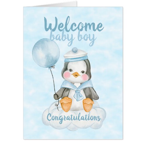 Welcome New Baby Boy Penguin Blue Jumbo Card