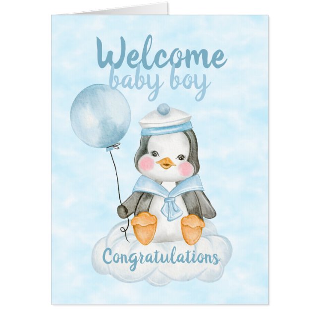 Welcome New Baby Boy Penguin Blue Jumbo Card (Front)