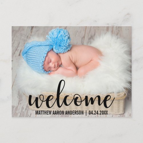 Welcome New Baby Modern Black Script Announcement Postcard