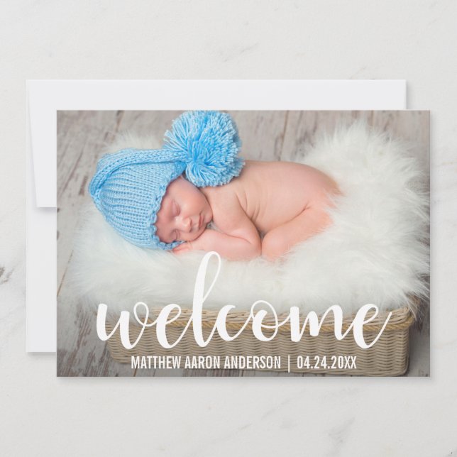 Welcome New Baby Modern White Script Card (Front)