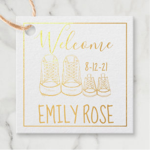 Welcome New Baby Shower Birth Announcement Shoes Foil Favor Tags