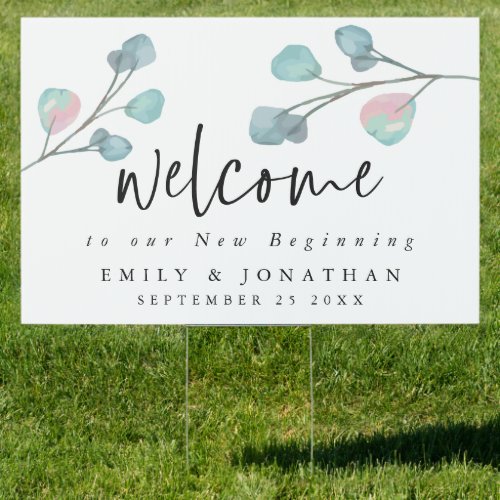 Welcome New Beginning Modern Eucalyptus Wedding Sign