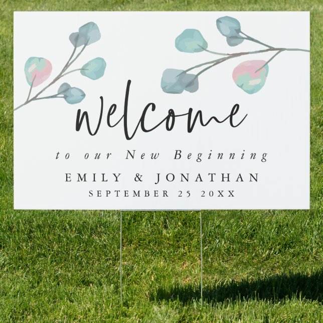 Welcome New Beginning Modern Eucalyptus Wedding Sign (Insitu)