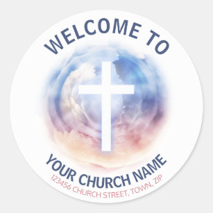 Welcome New Church Member White Crucifix Classic Round Sticker