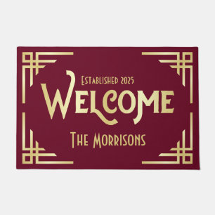 Welcome Newlywed Gift Art Deco Gold Burgundy Doormat