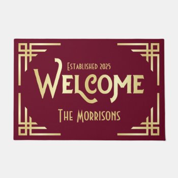 Welcome Newlywed Gift Art Deco Gold Burgundy Doormat by BCVintageLove at Zazzle