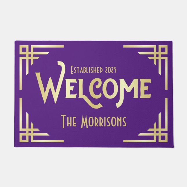 Welcome Newlywed Gift Art Deco Gold Green Gatsby Doormat (Front)