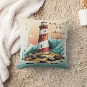 Welcome of our Beach House Lighthouse image, sea Throw Pillow