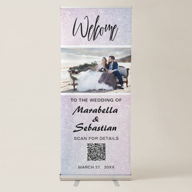 *~* Welcome Ombre Glitter Blue Peach QR Wedding Retractable Banner (Front)