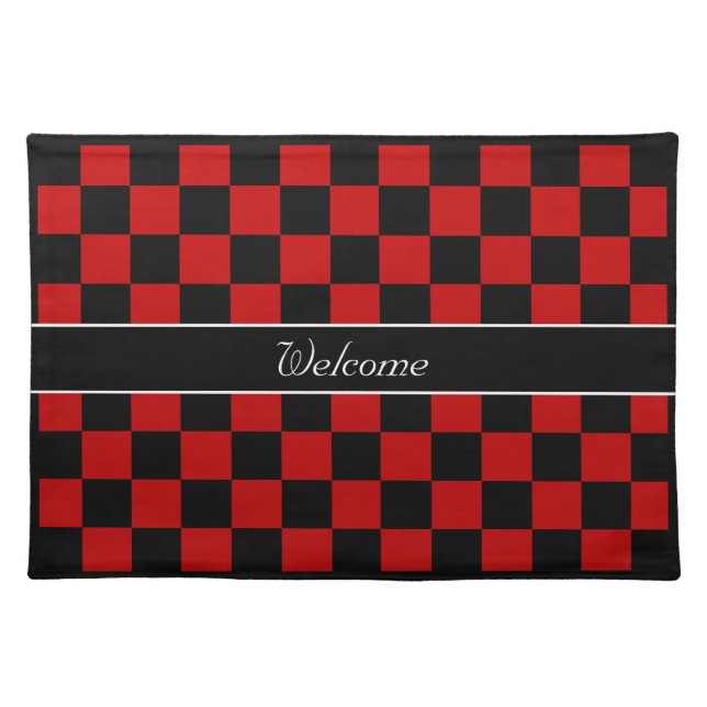 Welcome on Black & Red Checkered Pattern Cloth Placemat (Front)