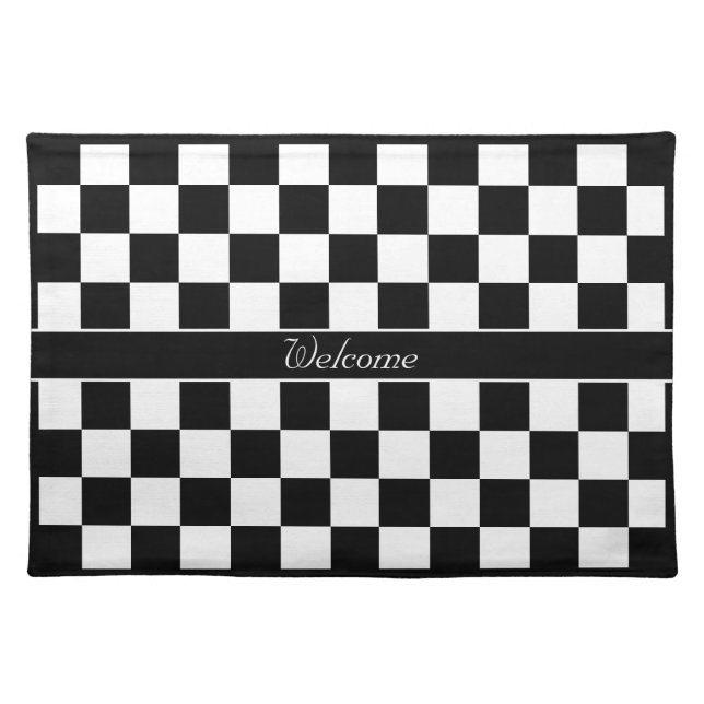 Welcome on Black & White Checkered Pattern Cloth Placemat (Front)